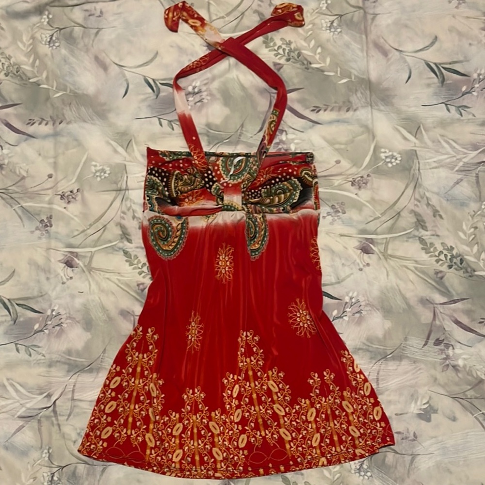 Boho Tie-Neck Sundress 🌺 Vibrant Red Paisley Mini – Fits S/M